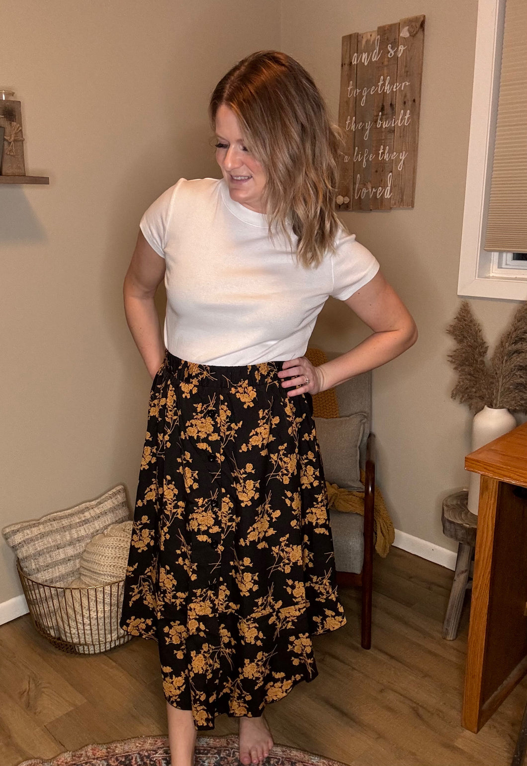Button Waist Floral Skirt
