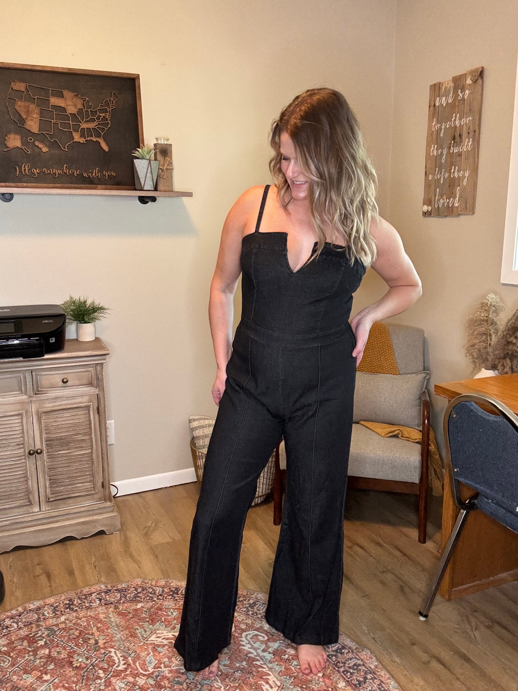 Black Denim Overall Jumpsuit