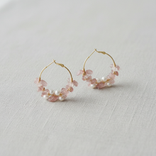 Load image into Gallery viewer, Strawberry Quartz and Pearl Hoop Earrings