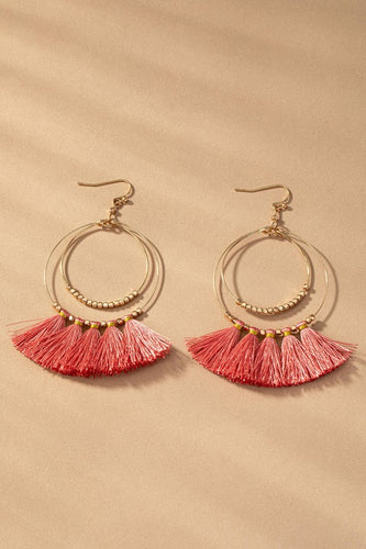 Cubic Beaded Hoop Tassel Earrings