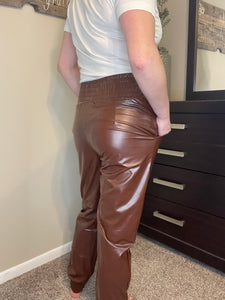 Smocked High Waist Leather Skinny Pants