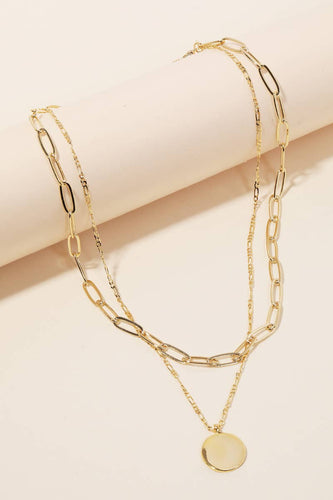 Layered Chain Circle Disc Pendant Necklace