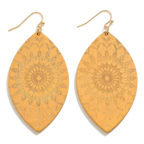 Mandala Print Wood Teardrop Earrings