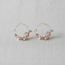 Load image into Gallery viewer, Strawberry Quartz and Pearl Hoop Earrings