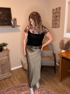 Green Satin High Waisted Skirt