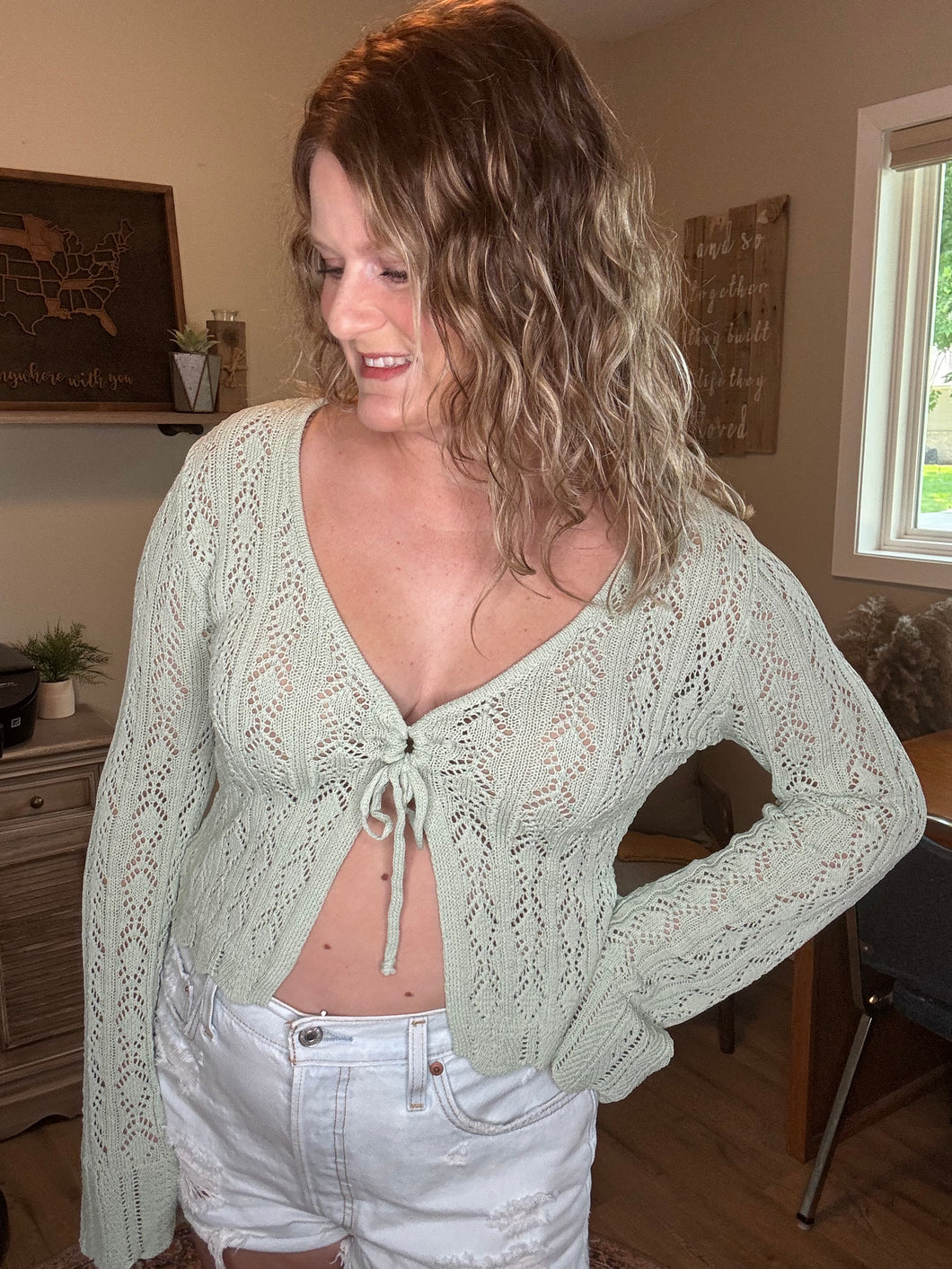 Open Knit Tie-Front Sweater