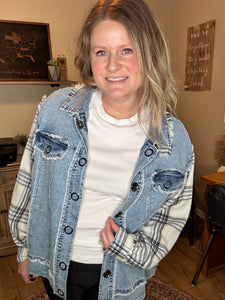 Vintage Plaid Sleeve Denim Jacket
