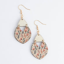 Load image into Gallery viewer, Wooden Floral Print Triangle Gold Drop Earrings