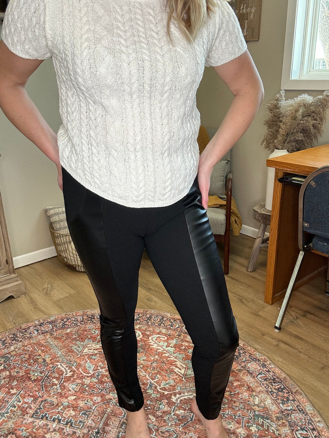 Black Leather Panel Patchwork Leggings