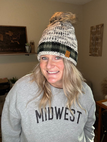 Gray Green Buffalo Plaid Pom Hat