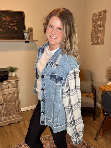 Vintage Plaid Sleeve Denim Jacket