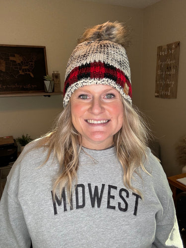 Gray Red Buffalo Plaid Pom Hat