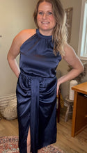 Load image into Gallery viewer, Blue Satin Ruched Sleeveless Midi Dress