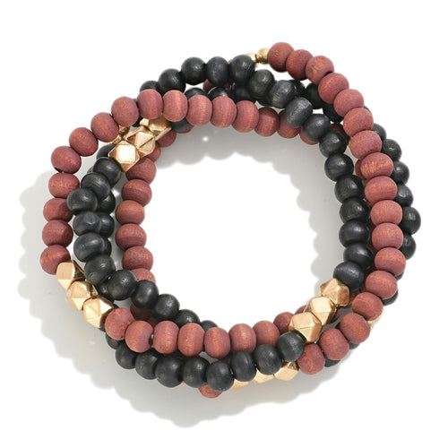 Set of Four Wood Beaded Bracelets