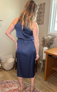 Blue Satin Ruched Sleeveless Midi Dress