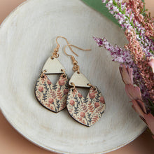 Load image into Gallery viewer, Wooden Floral Print Triangle Gold Drop Earrings