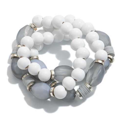 Set of 3 Wood Beaded Stretch Bracelets