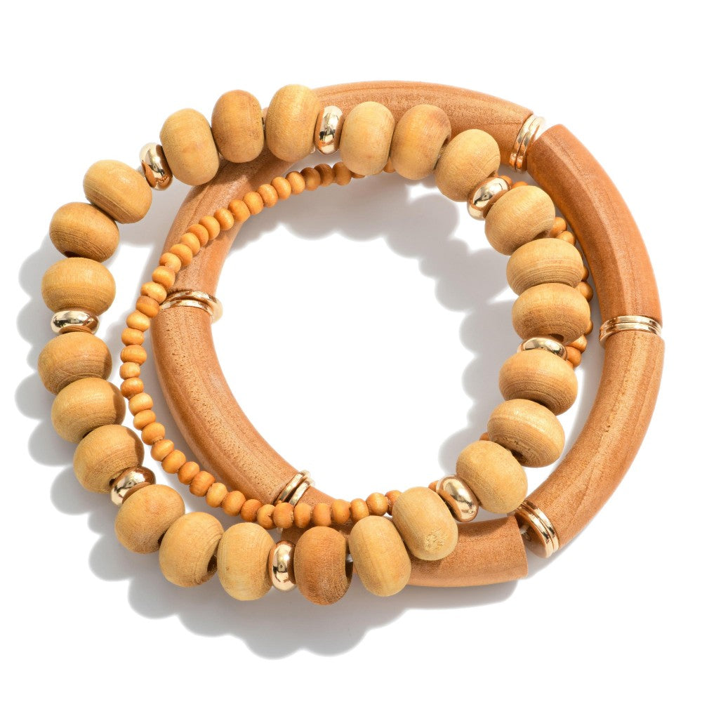 Set of 3 Wood Bead Stretch Bracelets- Brown