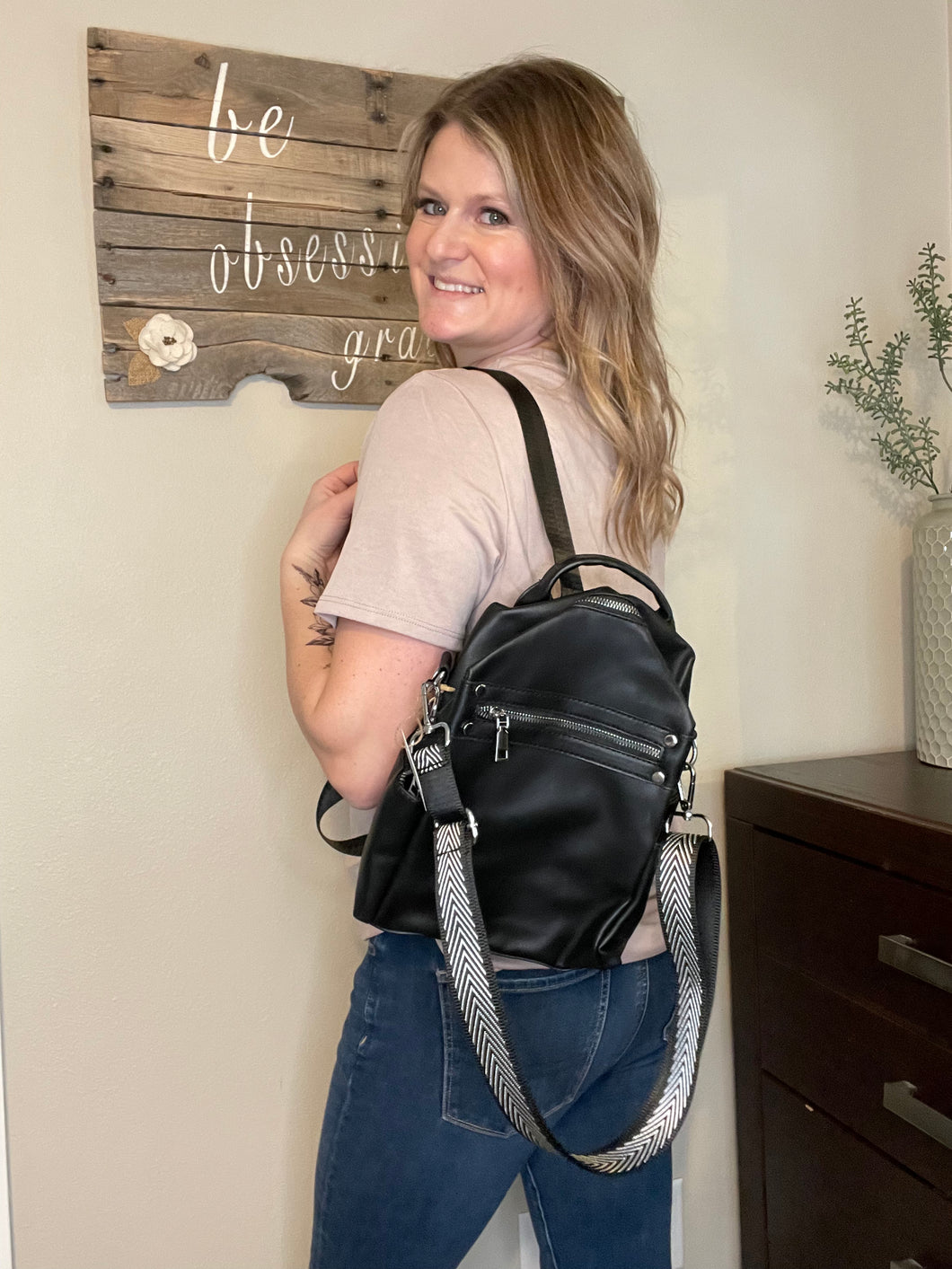 Jenn Convertible Vegan Leather Backpack- Black