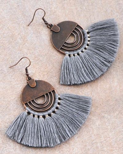 Boho Chic Fan Shaped Tassel Earring- Grey
