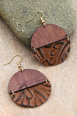 Wood Brown Leather Drop Earrings