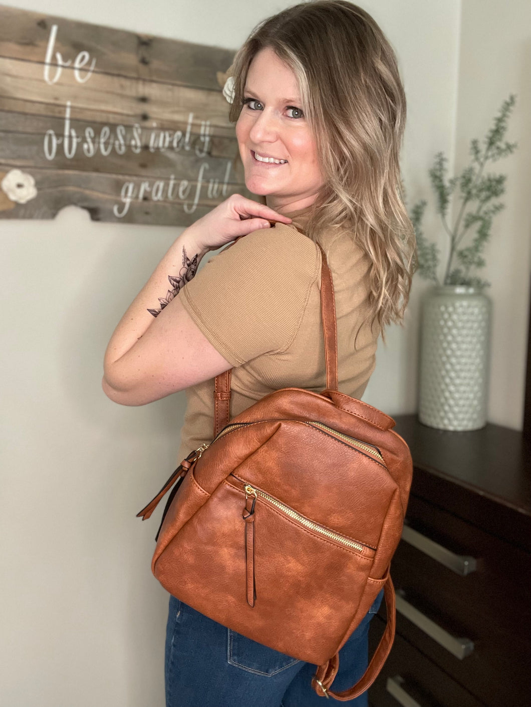 Faux Leather Backpack Purse- Brown