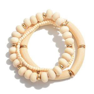 Set of 3 Wood Bead Stretch Bracelets- Ivory