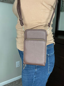 Crossbody Cell Phone Faux Leather Bag- Brown